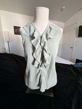 Sage Green Sleeveless V-Neck Ruffle Button-Down Blouse